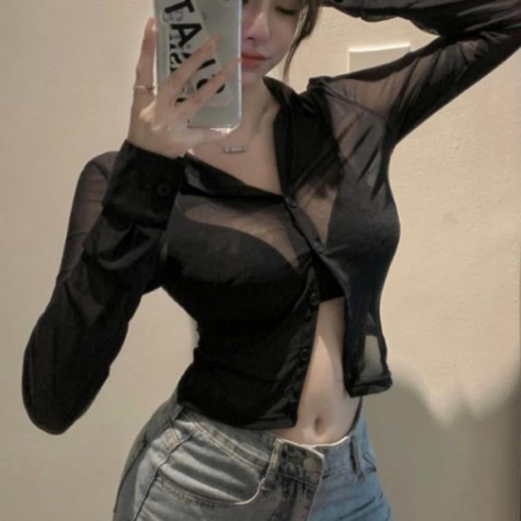 여성 여름 망사 크롭 긴팔 블랙 시스루 카라 셔츠