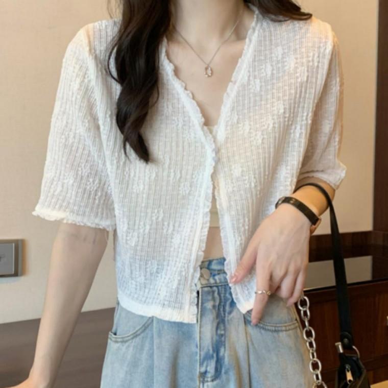 여성 반팔 슬림핏 펀칭 레이스 얇은 여름 크롭 가디건