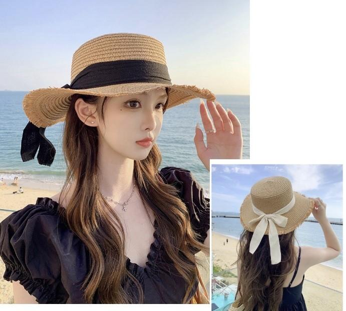 테슬 포인트 비치용 리본 밀짚모자 여성용 여름 바캉스 썬캡
