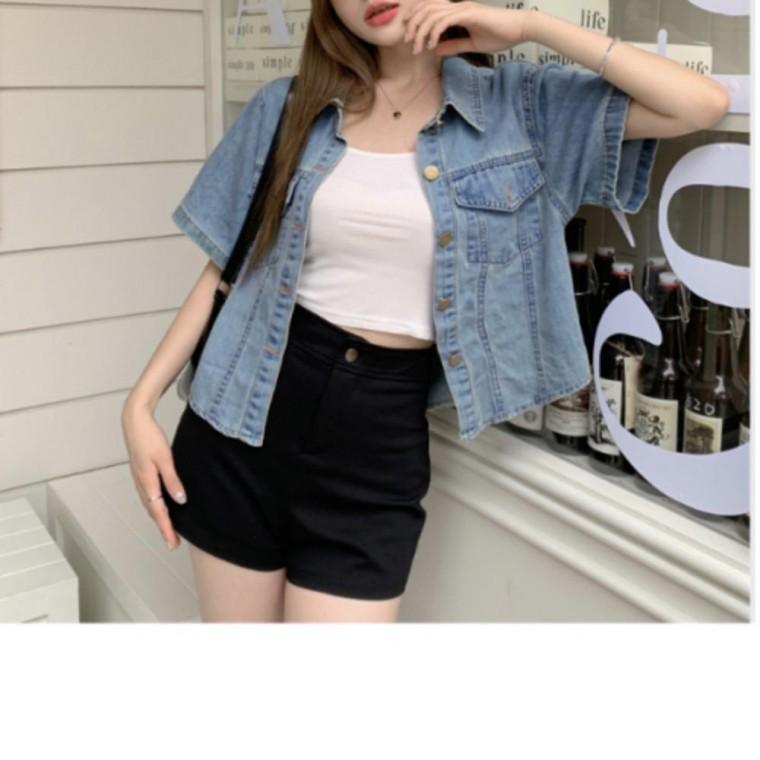 반팔 자켓 여성 포켓 숄카라 크롭 세미 패션 반팔 데님 카디건 세미데님