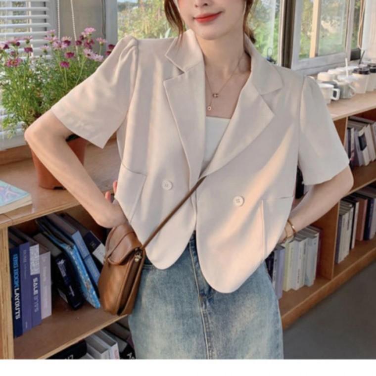반팔 원버튼 자켓 퍼프 크롭 크롭자켓 반팔자켓 여성 티셔츠 캐주얼자켓