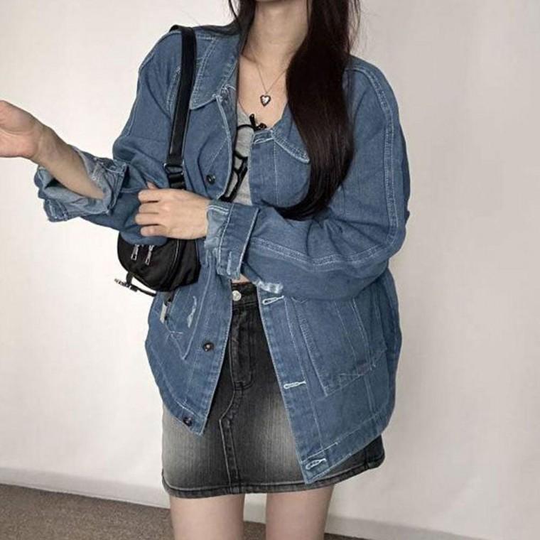여성 빈티지 패션 루즈핏 스타일 간절기 데님 자켓 잠바 항공 차이나 카라 여자 가죽