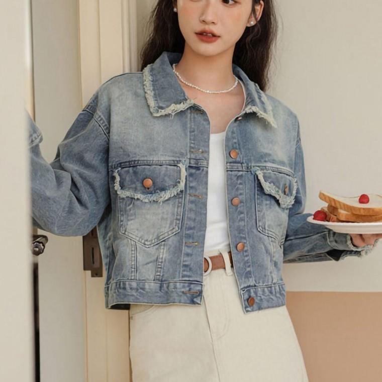빈티지 스타일 젊은 여자 크롭 기장 데님 청 자켓 여성 청자켓 여자청 여성청 여자봄