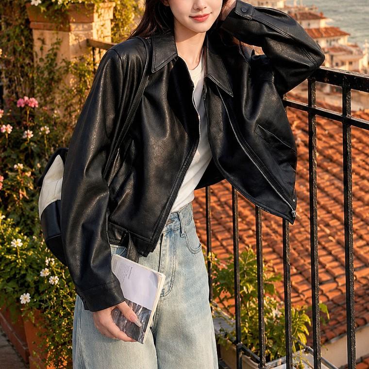 여성 데일리룩 아우터 더블 카라 레더 집업 자켓