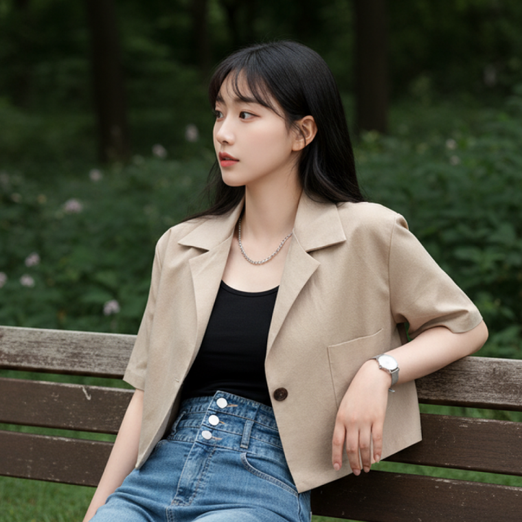 여성 여름 린넨자켓 오버핏 반팔 크롭 숏 자켓 썸머 아우터