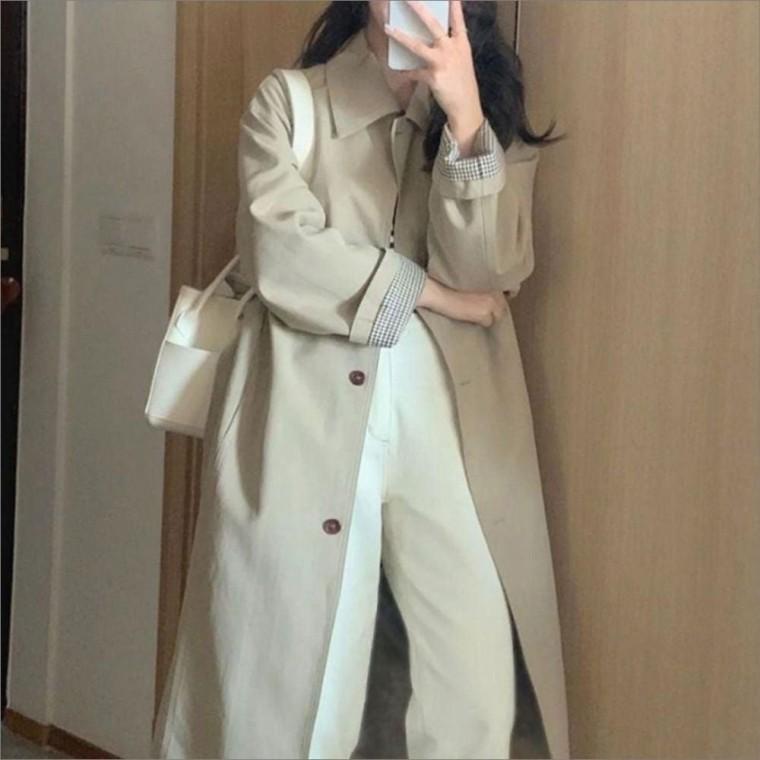 여성 체크 소매 안감 롱 트렌치코트 클래식 롱자켓 간절기 아우터