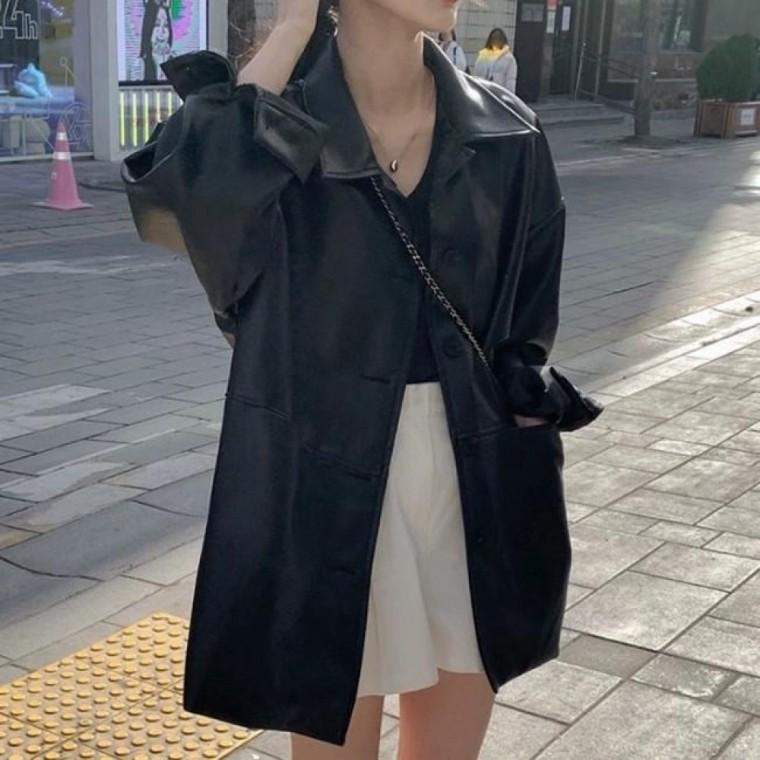여성 오버핏 캐주얼 하프 레더 롱 자켓