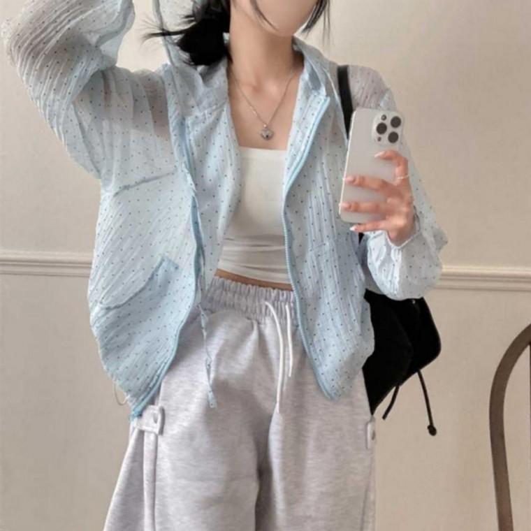 여성 시스루 여리핏 후드집업 도트 쉬폰 바람막이 자켓