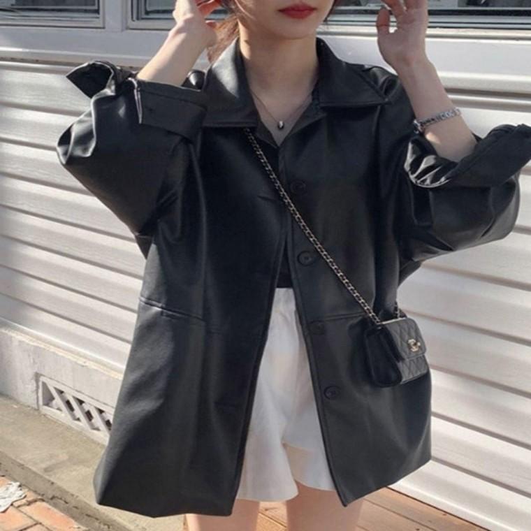 여성 오버핏 페이크 레더 인조 가죽 자켓 하프 기장