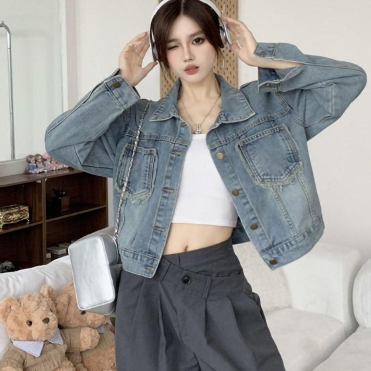 엿어 포켓 루즈핏 스타일 캐주얼 데님 패션 청 자켓 여성 여자 청자켓 여자청 여성청