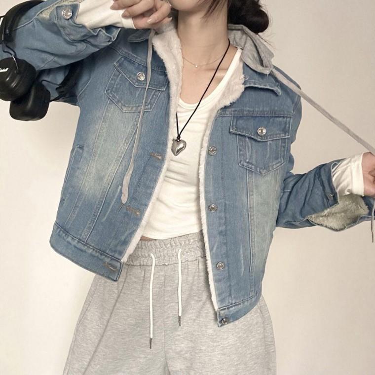 여성 방한 부드러운 털 안감 크롭 스타일 데님 자켓 잠바 항공 차이나 카라 여자 가죽