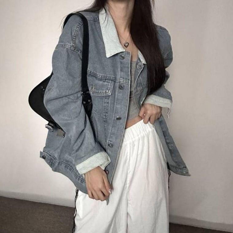 여성 통 넓은 박시핏 스타일 여리 실루엣 데님 자켓 잠바 항공 차이나 카라 여자 가죽