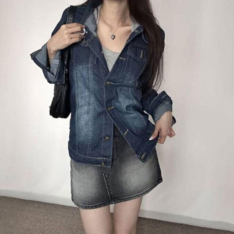 여성 자연 스러운 워싱 스탠다드 핏 데님 청 자켓 잠바 항공 차이나 카라 여자 가죽