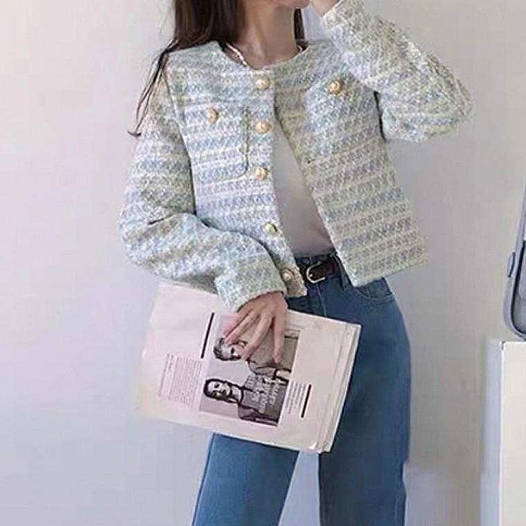 여성 트위드 노카라 진주 포인트 자켓
