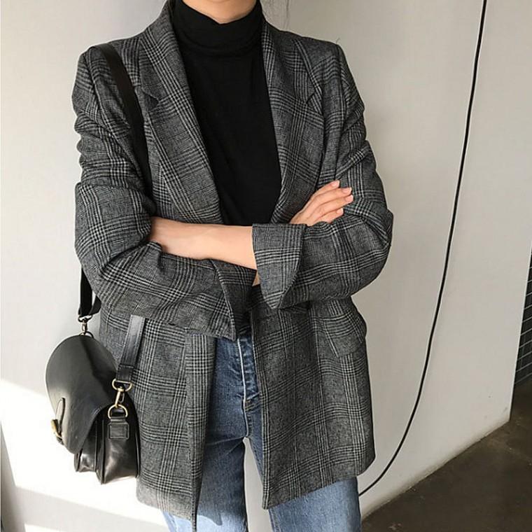 여자 체크 롤업 소매 가을 자켓