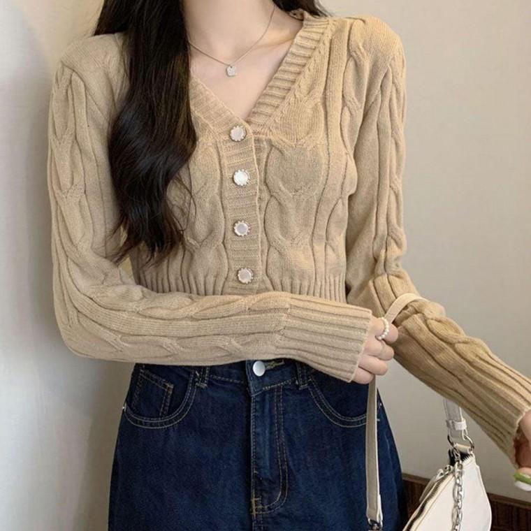 여성 꽈배기 패턴 짧은 크롭 스타일 브이넥 가디건 니트 라운드 여성봄 자켓 여자