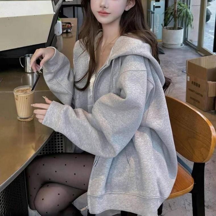 MOA 캐주얼 후드 집업 여성 맨투맨 기모 오버핏 루즈핏 자켓
