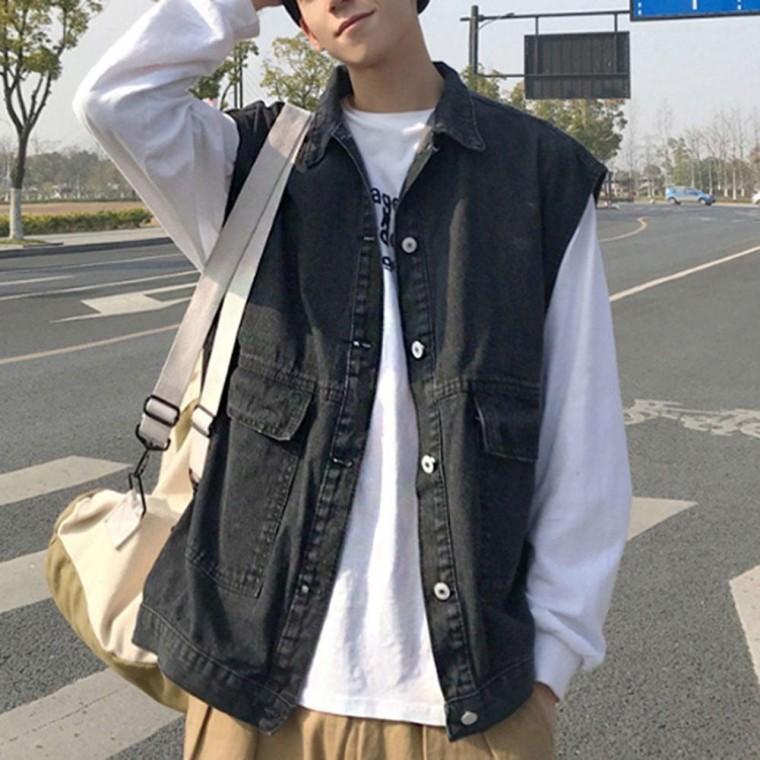남자 오버핏 블랙 청자켓 데일리 외출 패션 조끼 니트 브이넥 심플 레이어드 남성 라운드