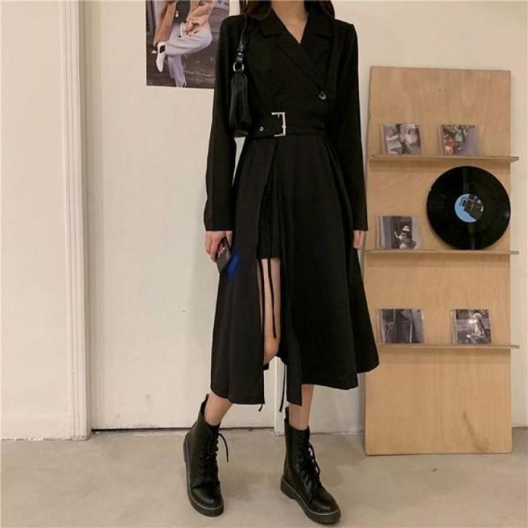 여성 모던 시크 1컬러 자켓형 벨트 롱원피스