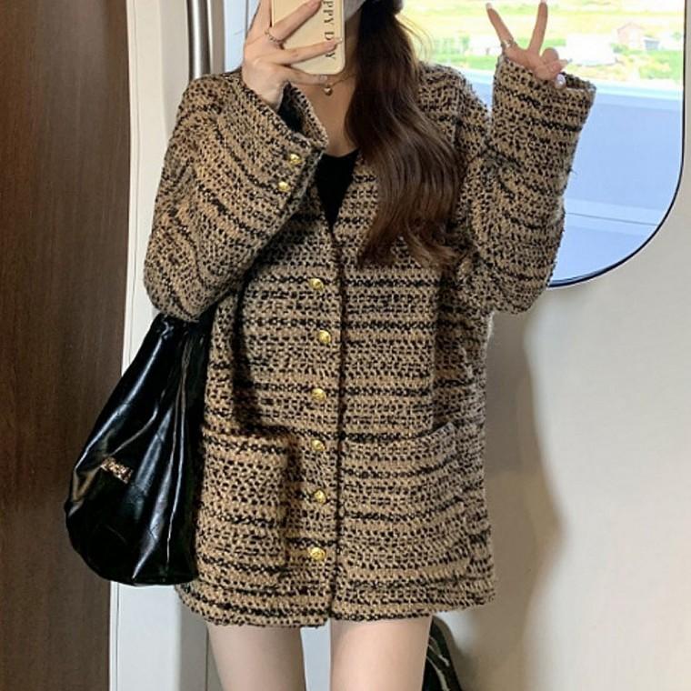 여자 브라운 트위드 아우터 데일리 오버핏 자켓