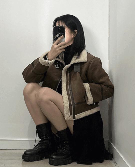 양털 안감 스웨이드 무스탕 자켓 [2color 버클 하이넥 크롭 여성 퍼 뽀글이 숏 여자 블랙 브라운 아우터]