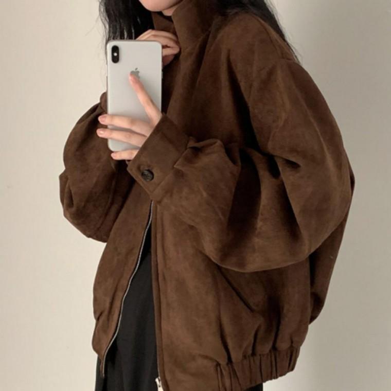 여성 모카 스웨이드 자켓 하이넥 집업 루즈핏 겨울 아우터 캐주얼