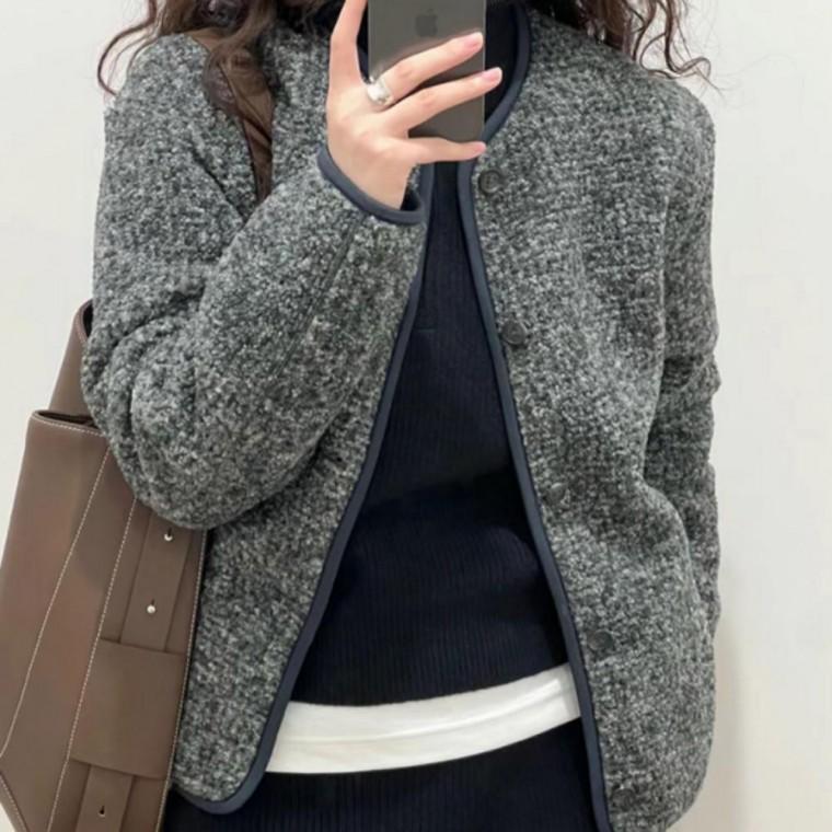 여성 트위드 자켓 라운드넥 노카라 가디건 뽀글이 자켓