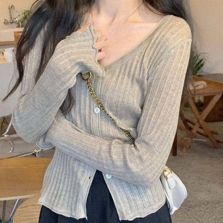 여자 여름 브이넥 얇은 소재 긴팔 골지 가디건 크롭 니트 라운드 여성 여성봄 자켓