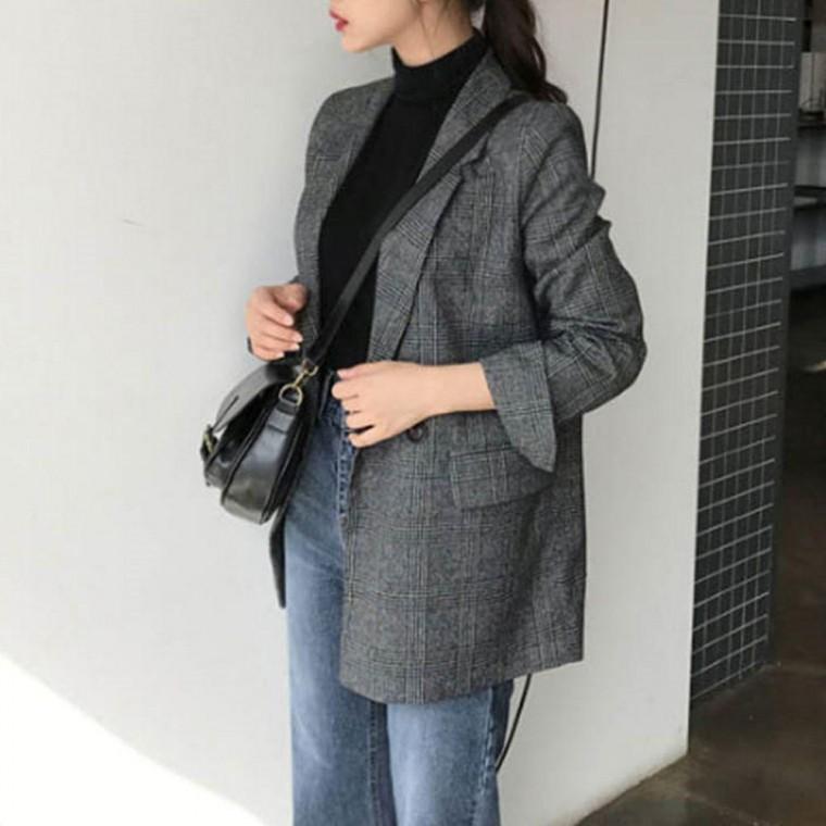 여성 캐주얼 클래식 외출 패션 체크 패턴 시크 자켓 가을 재킷 롱자켓 트위드 여자 외투