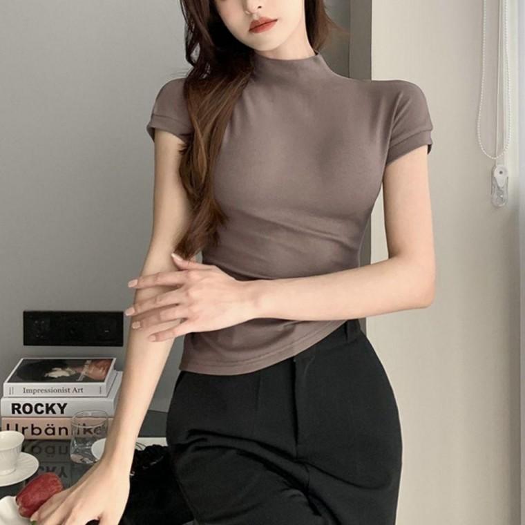 여성 반팔티 쫀쫀한 상의 캡소매 자켓 이너 티셔츠 반목 반팔티 여자 여성 모크넥반팔 자켓 상의 캡소매