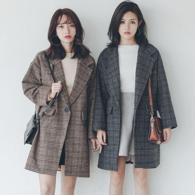 루즈핏 모직 체크 자켓 캐주얼 정장 여성 겨울 의류 체크무늬 코트 겨울아 우터