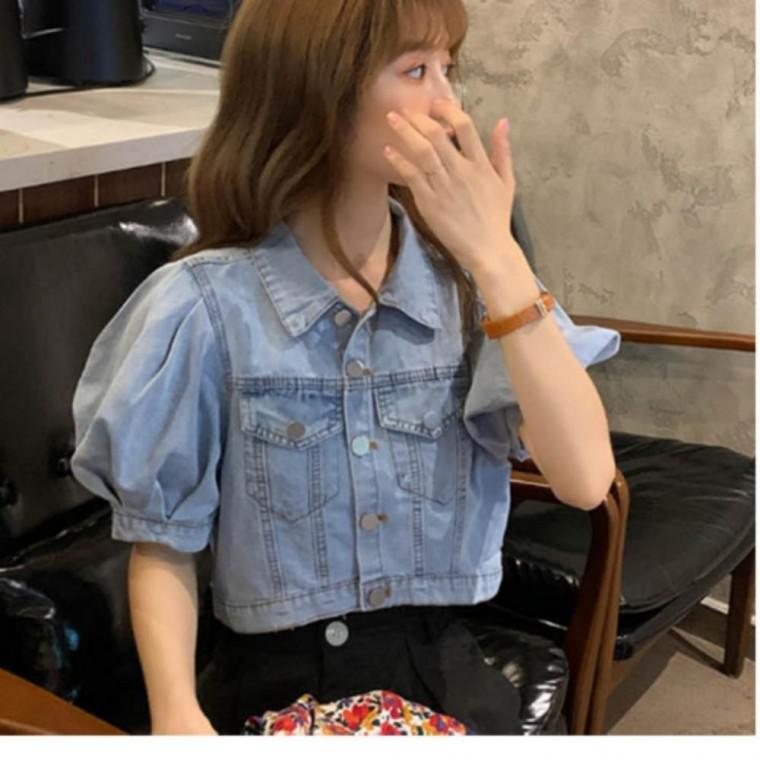 여름 크롭청자켓 여자데님코디 퍼프 재킷 반팔 썸머자켓 여성크롭자켓 코디