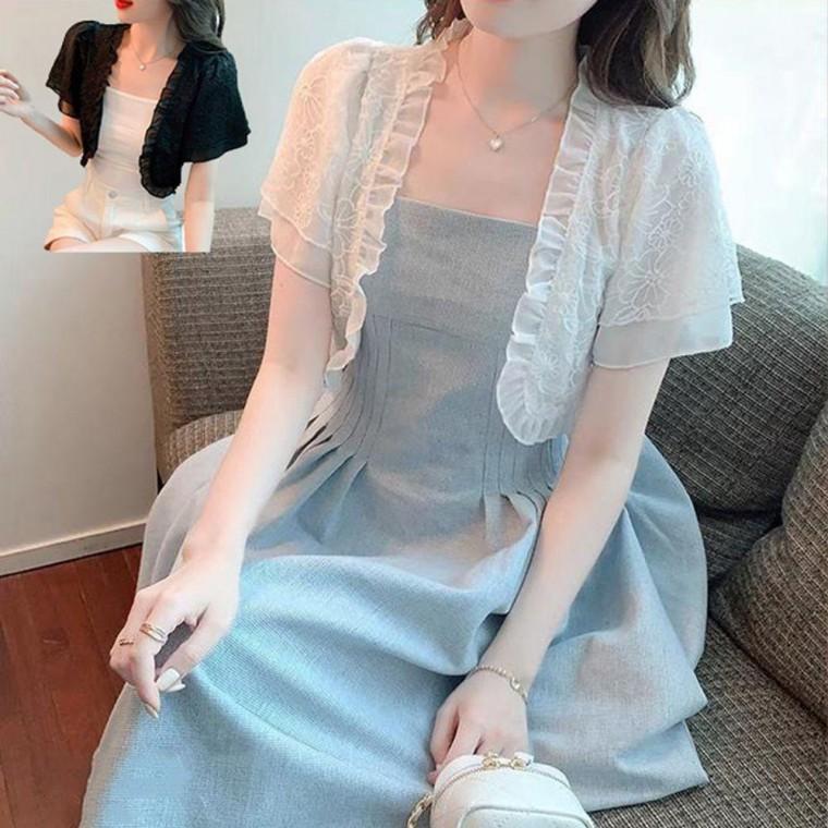 여름 레이스 가디건 루즈핏 코트 여성 반팔 자켓 코디 여름 쉬폰 코트 레이스 가디건 자켓 얇은 미니