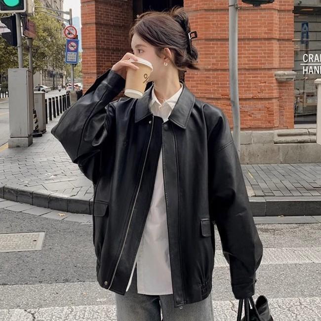 여성 오버핏 카라 집업 레더 자켓 HH-E68