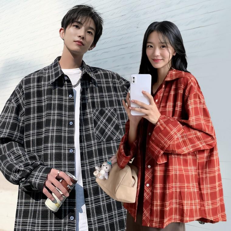 남자 여자 커플 봄 가을 타탄 체크셔츠 오버핏 긴팔 셔츠 남방 레이어드 셔츠자켓