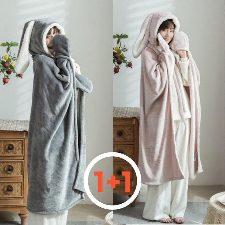 1+1 귀요미 토끼 망토담요 극세사 후드 무릎 담요(2개세트)