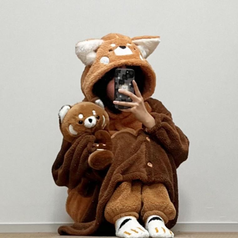 래서판다 동물 잠옷 세트 수면 극세사 털 잠옷 담요 꼬리 귀여운 캐릭터