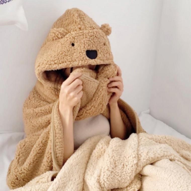 곰돌이 후드 망토 담요 캐릭터 무릎담요 귀여운 후드 입는 담요