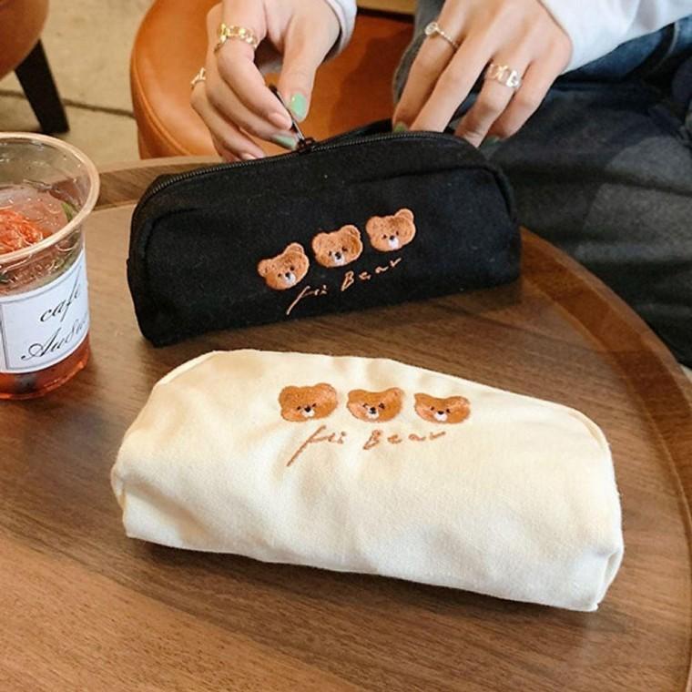 곰돌이 자수 천 필통 볼펜 패브릭 파우치 고등학생 천필통 학용품 펜슬 케이스
