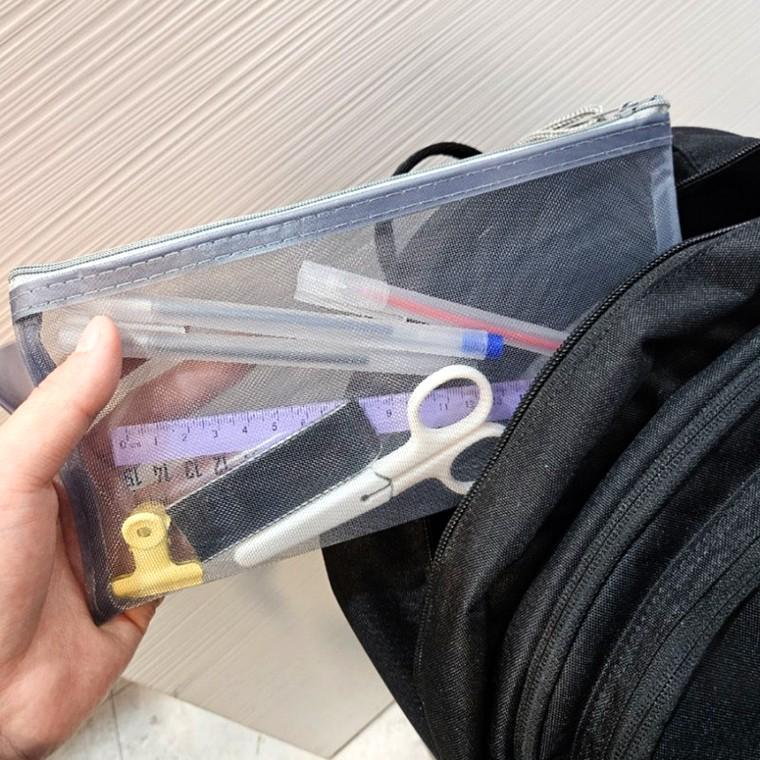 그레이 심플 모던 투명 메쉬 파우치 필통 지퍼형