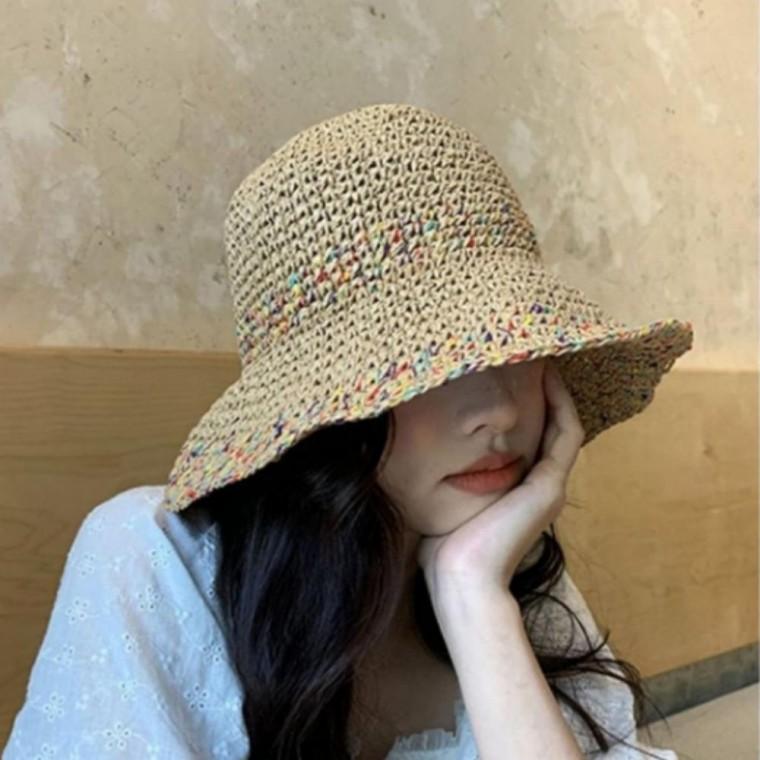 여성 라탄 밀짚 버킷햇 레인보우 벙거지 모자 여름 바캉스 햇빛