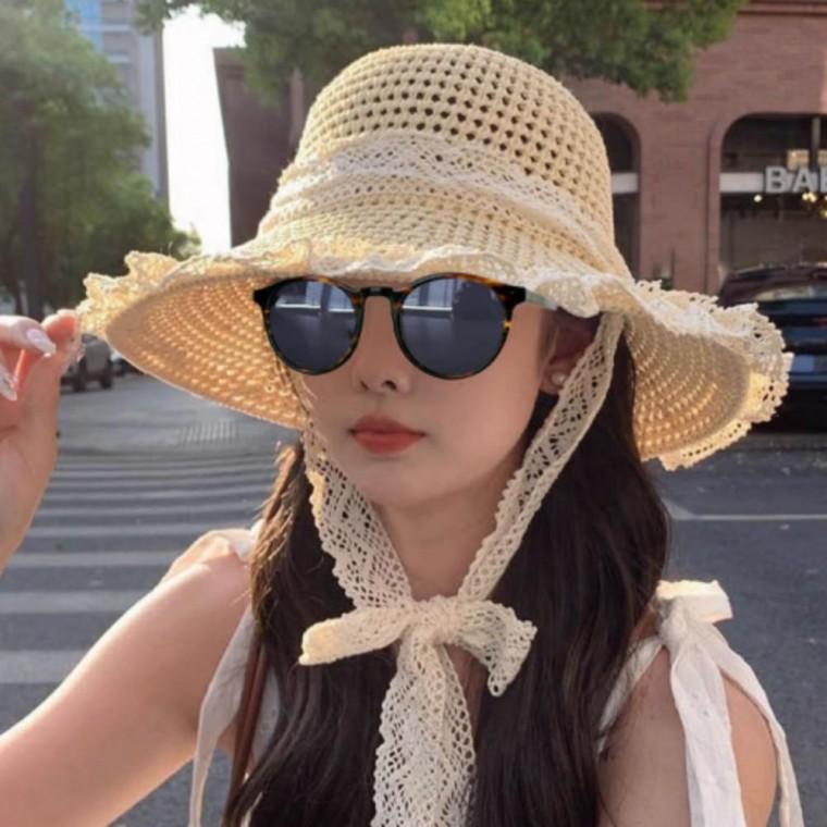 여성 여름 밀짚 모자 레이스 리본 끈 페도라 바캉스 보닛 햇빛차단