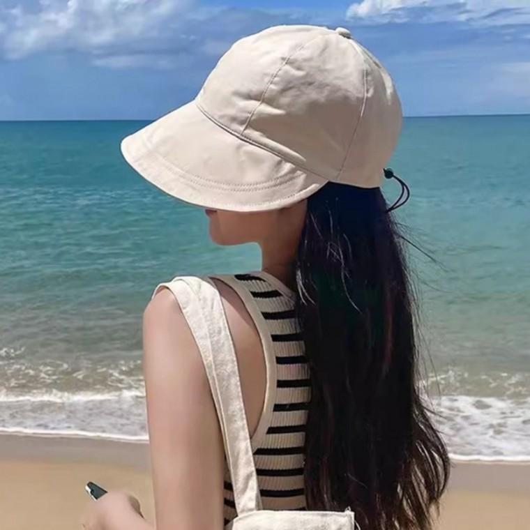 사이즈 조절 모자 베이지 스트링 버킷햇 자외선 차단 햇빛 가리개 베이직 여름 여성 휴가