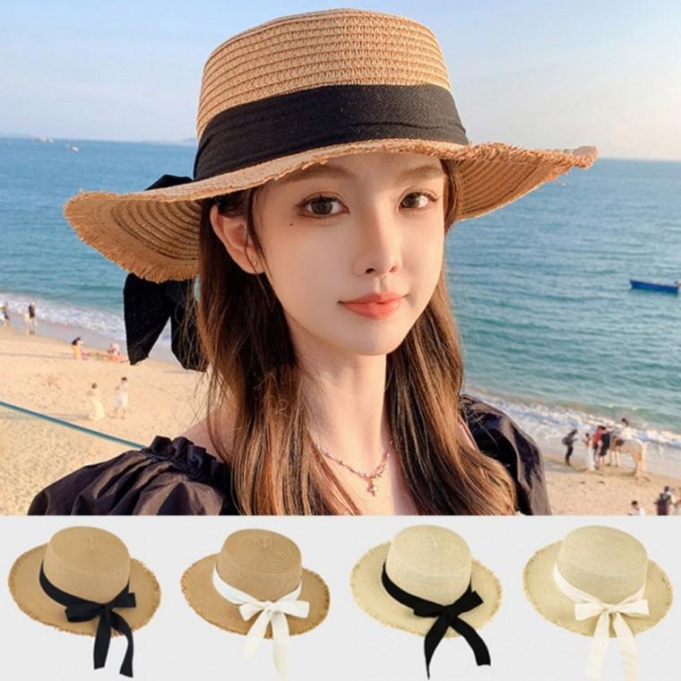 여성 예쁜 끝단 테슬 데일리 햇빛차단 빅리본 밀짚 모자