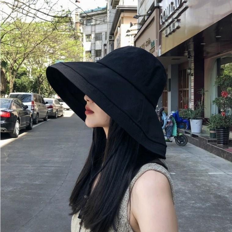 어부 린넨 버킷햇 와이드 햇빛 자외선 차단 턱끈 린넨 면 모자 블랙