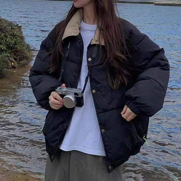여성 배색카라 오버사이즈 숏패딩 벌룬소매 자켓