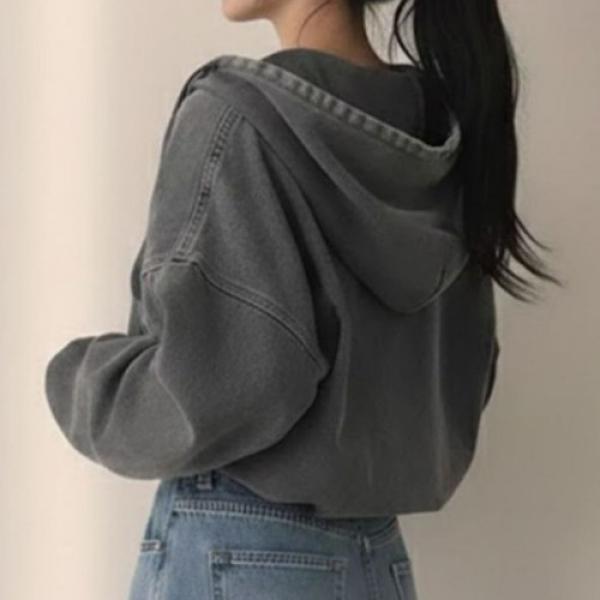 워싱 데님 크롭 후드집업 루즈핏 밴딩 청자켓