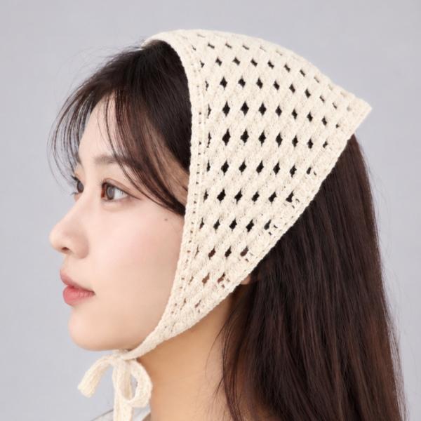삼각 니트 커치프 헤어두건 민자베이지