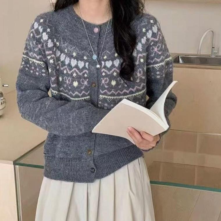 여성 니트 가울 겨울 라운드 넥 예쁜 가디건 그레이 여성간 절기 여자 노르딕 도톰