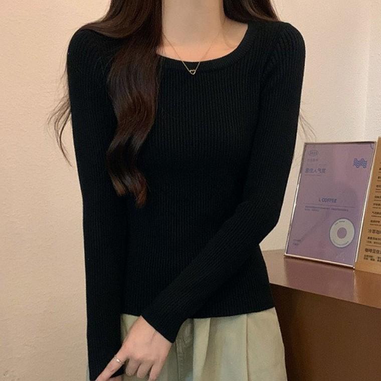 여자 데일리 골지 라운드 니트 긴팔 티셔츠
